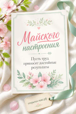 Акварельная открытка-карточка с розовыми цветами и зелёной лентой на белом фоне, надпись Майского настроения