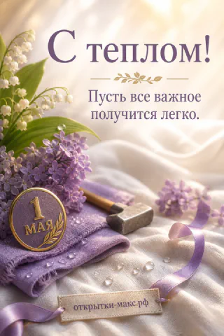 Ландыши и сирень с медалью 1 МАЯ на белой ткани с надписью С теплом и пожеланием