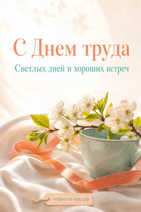 Цветущая белая ветка вишни в голубой чашке с персиковой лентой на белой ткани