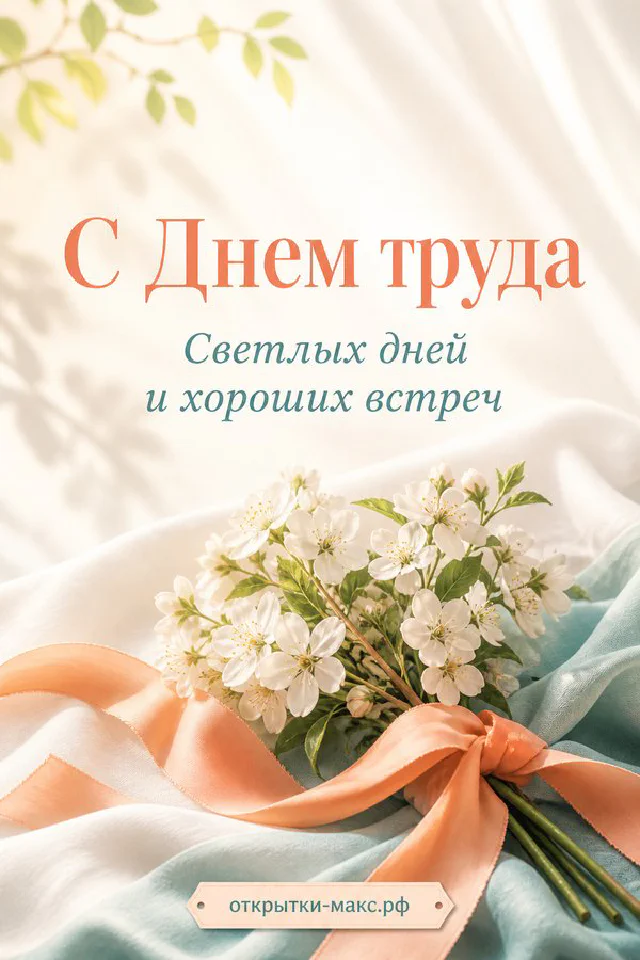 Цветущая белая ветка вишни в голубой чашке с персиковой лентой на белой ткани — вариант 2