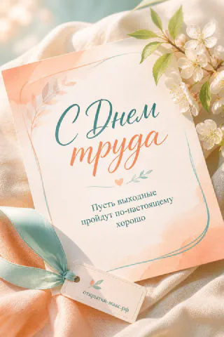 Открытка-карточка с акварельными листьями и зелёной лентой на персиковой ткани с надписью С Днём труда