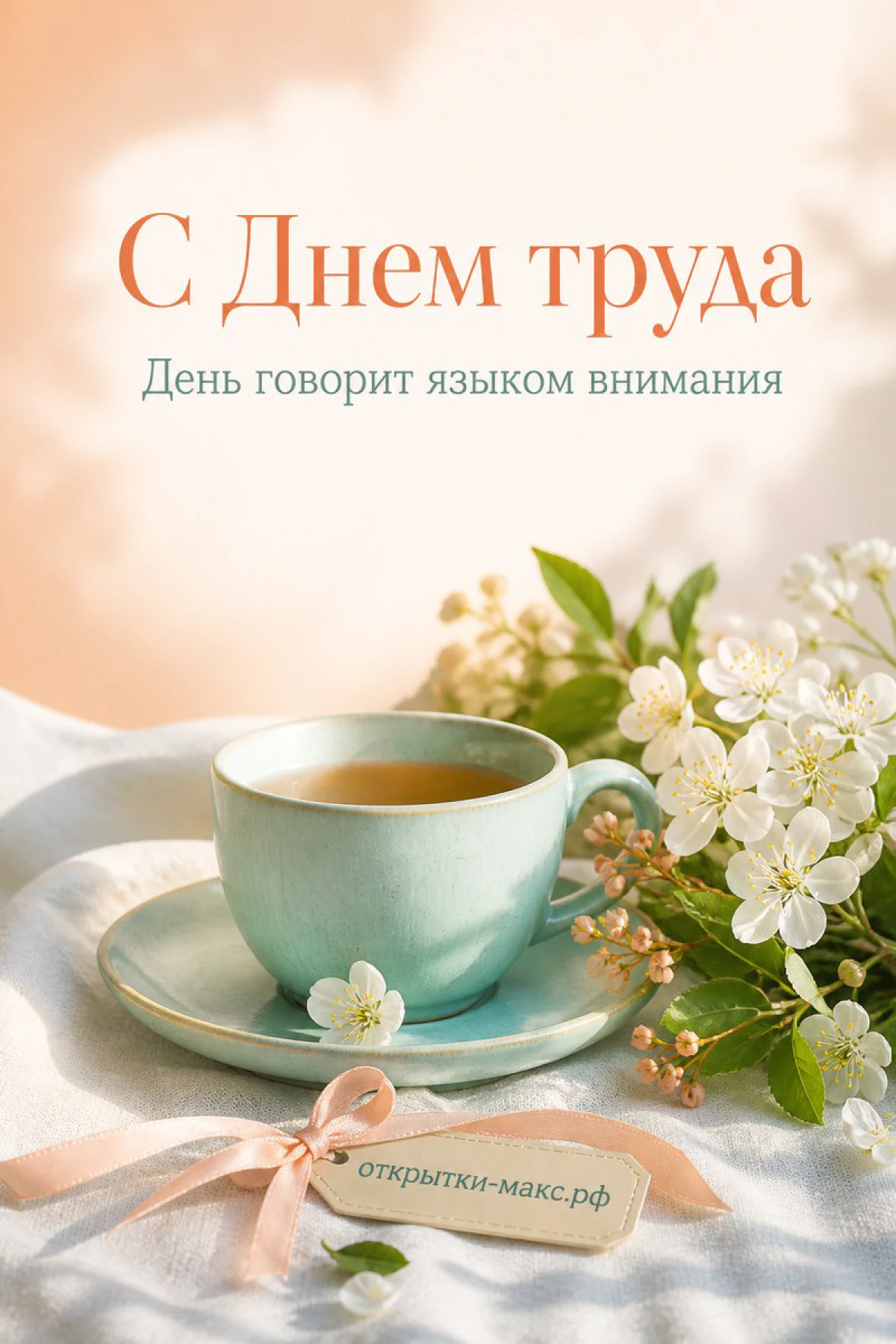 Бирюзовая чашка чая с блюдцем рядом с белыми цветами яблони на персиковом фоне с надписью С Днём труда