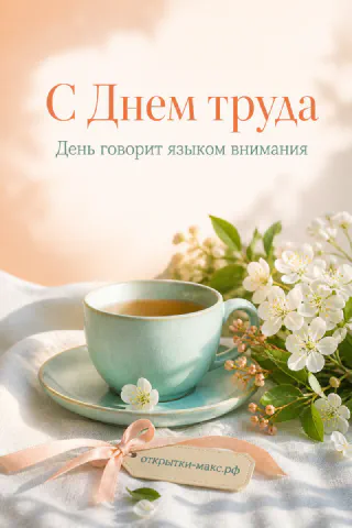 Бирюзовая чашка чая с блюдцем рядом с белыми цветами яблони на персиковом фоне с надписью С Днём труда