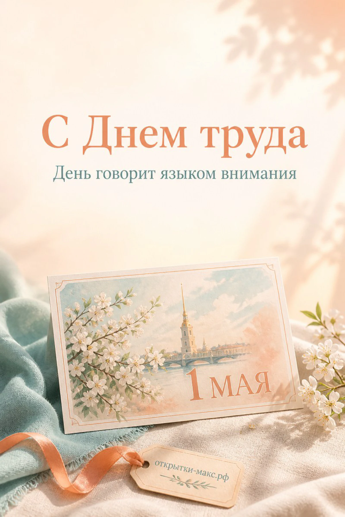Открытка в ретро-стиле с изображением башни и цветущими ветками с надписью 1 МАЯ и С Днём труда