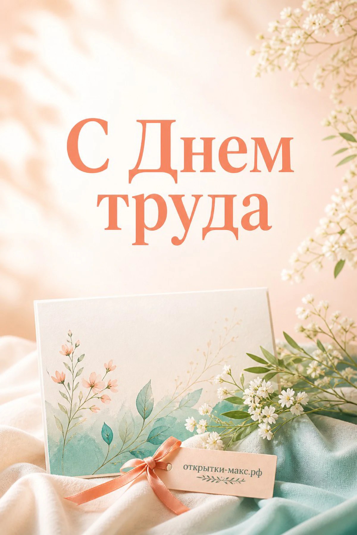 Конверт с цветочным принтом среди белых весенних веток на персиково-бежевом фоне с надписью «С Днём труда»