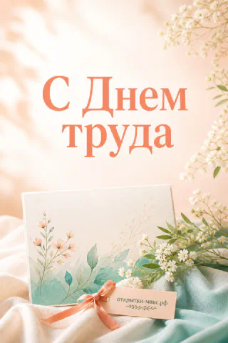 Конверт с цветочным принтом среди белых весенних веток на персиково-бежевом фоне с надписью «С Днём труда»