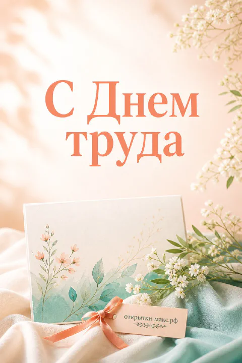 Конверт с цветочным принтом среди белых весенних веток на персиково-бежевом фоне с надписью «С Днём труда»
