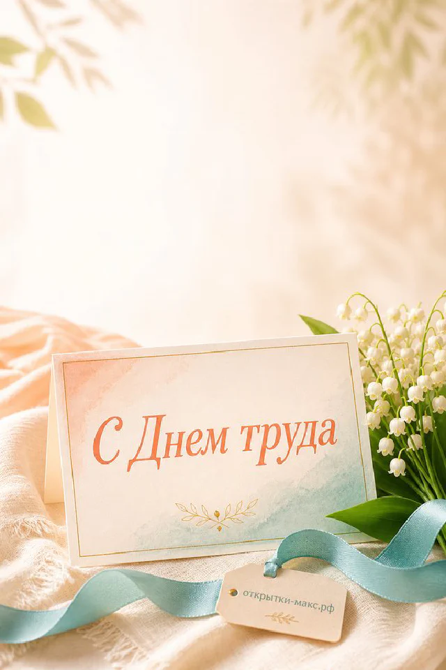 Конверт с цветочным принтом среди белых весенних веток на персиково-бежевом фоне с надписью «С Днём труда» — вариант 2