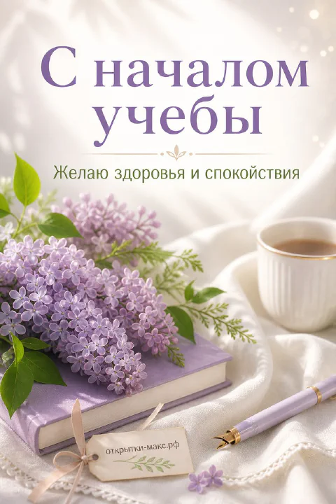 Пышный букет фиолетовой сирени лежит на раскрытой книге рядом с чашкой кофе и ручкой на светлом фоне