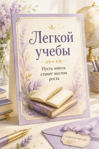 Акварельная лавандовая открытка с раскрытой книгой, золотым пером и сиреневыми цветами на светло-сиреневом фоне