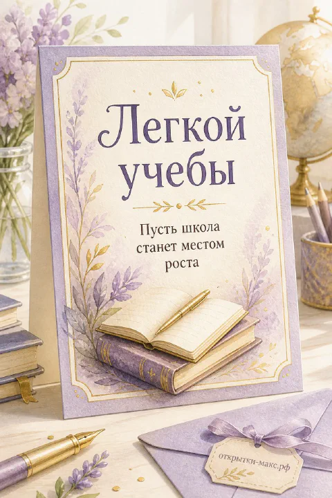 Акварельная лавандовая открытка с раскрытой книгой, золотым пером и сиреневыми цветами на светло-сиреневом фоне