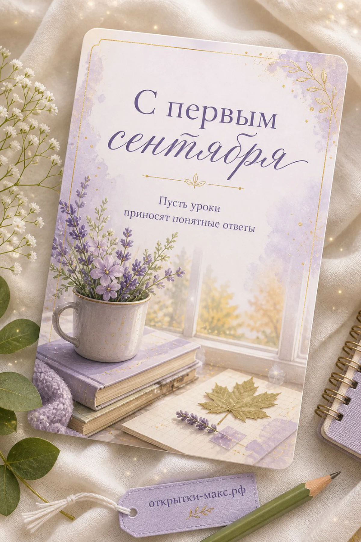 Стопка книг с лавандой в кружке, осенним листиком и карандашом на мягком фоне