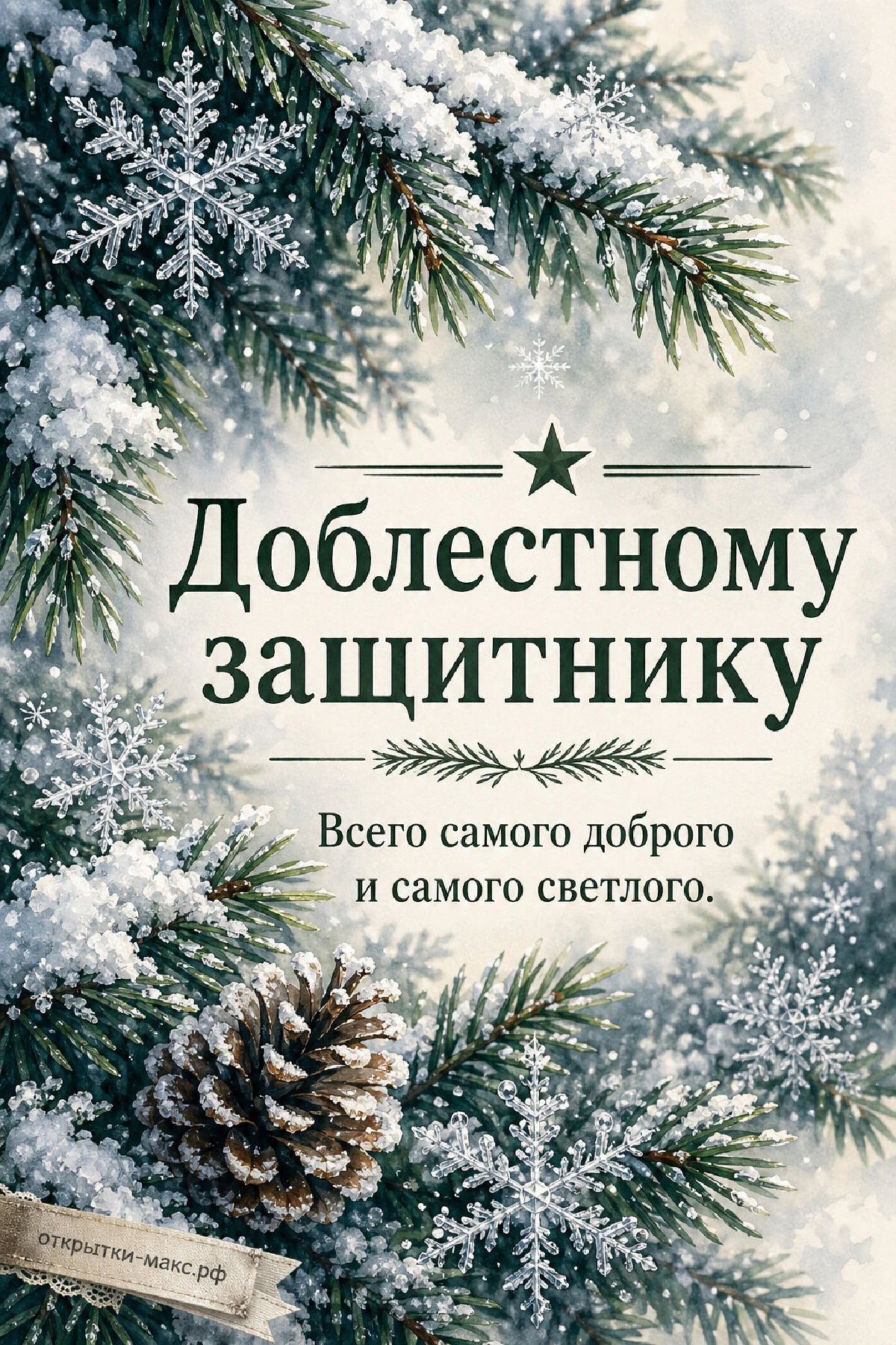 23 февраля — хвойные ветки и снежные кристаллы