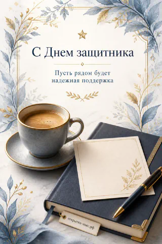 Голубой ежедневник, чашка кофе на блюдце и ручка с золотыми ветками и надписью С Днём защитника