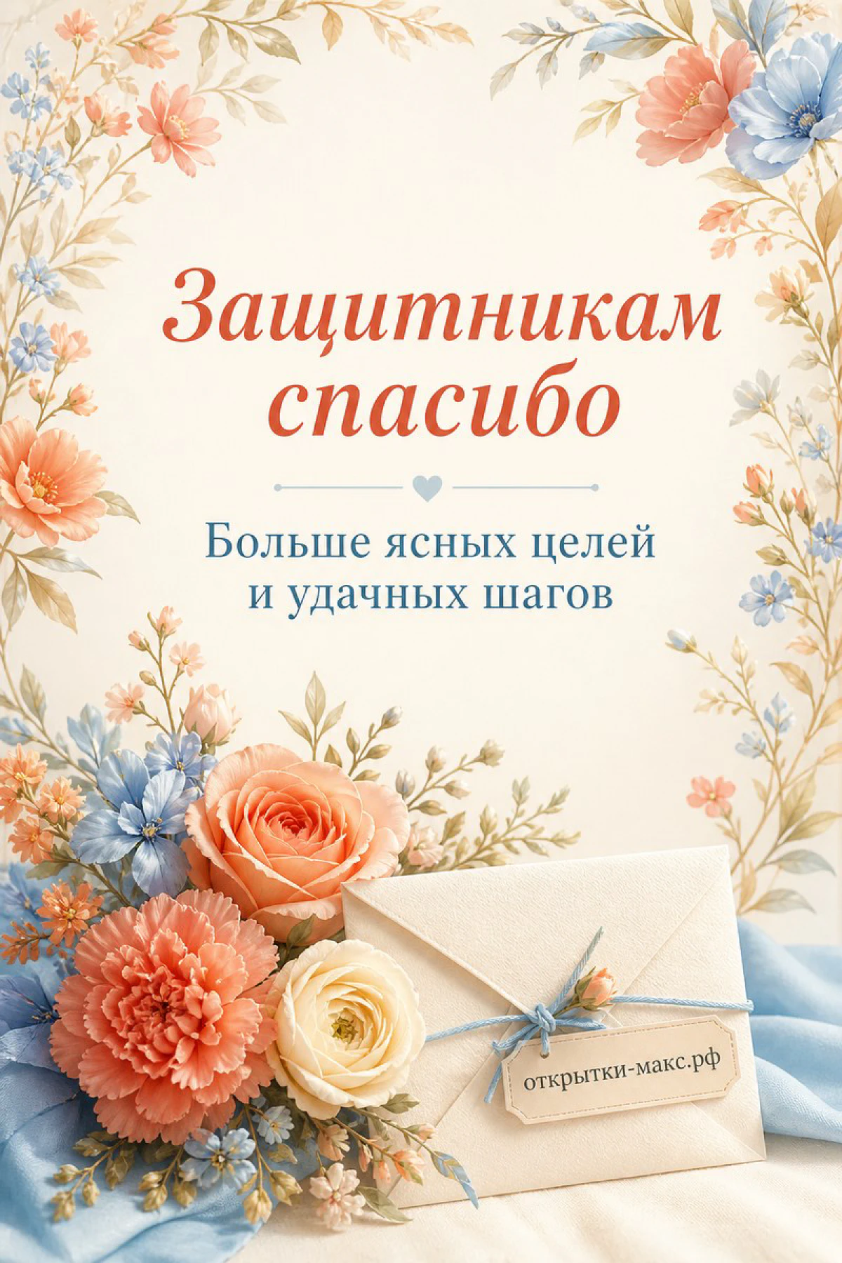Конверт с розами, хризантемами и голубыми цветами на пастельном фоне с надписью Защитникам спасибо