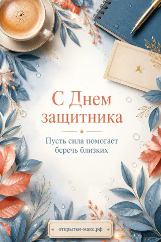 Открытка с синими и медно-рыжими листьями, чашкой кофе и блокнотом, надпись С Днём защитника