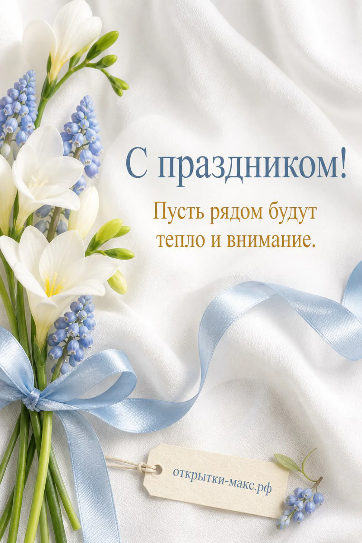 Букет из белых фрезий и синих мускари с голубой атласной лентой на открытке к 8 Марта
