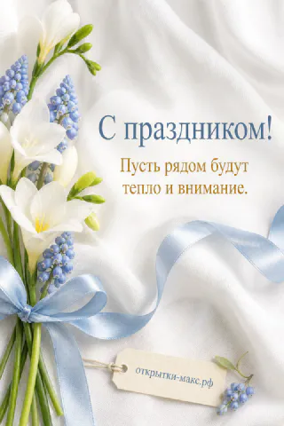 Букет из белых фрезий и синих мускари с голубой атласной лентой на открытке к 8 Марта