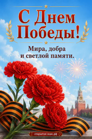 Три красные гвоздики с Георгиевской лентой на фоне Кремля и праздничного салюта на открытке с 9 Мая