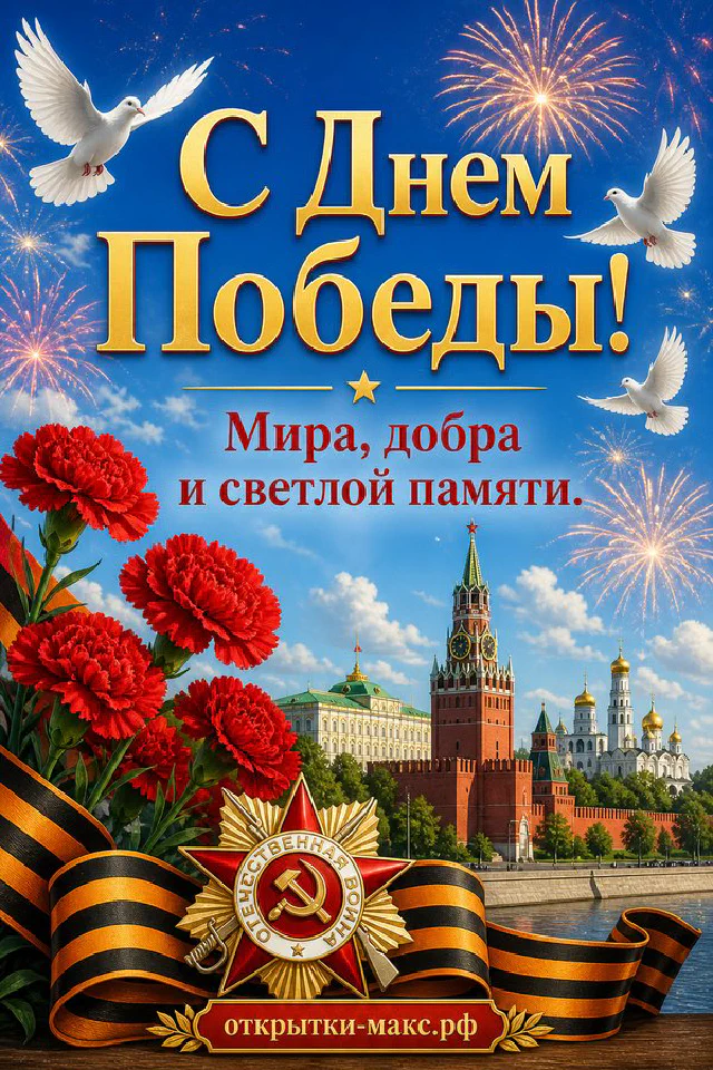 Три красные гвоздики с Георгиевской лентой на фоне Кремля и праздничного салюта на открытке с 9 Мая — вариант 2