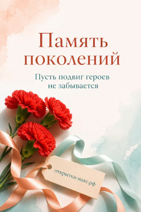 Три красные гвоздики с голубой атласной лентой на светло-персиковом фоне, надпись «Память поколений»