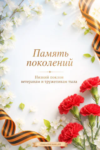 Красные гвоздики и георгиевская лента на фоне цветущих белых веточек вишни, надпись «Память поколений»