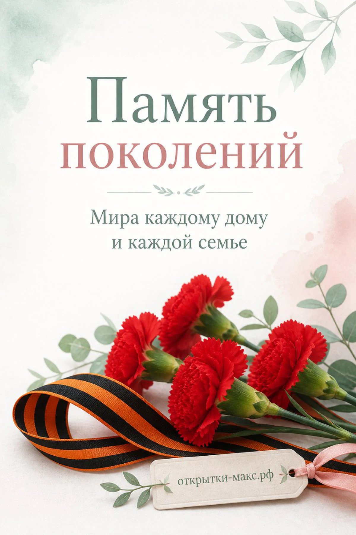 Три красные гвоздики с георгиевской лентой на белом фоне с зелёными листьями, надпись «Память поколений»