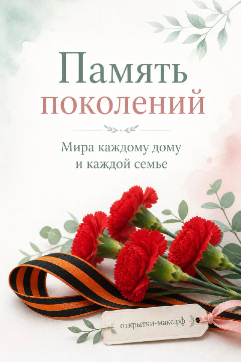 Три красные гвоздики с георгиевской лентой на белом фоне с зелёными листьями, надпись «Память поколений»