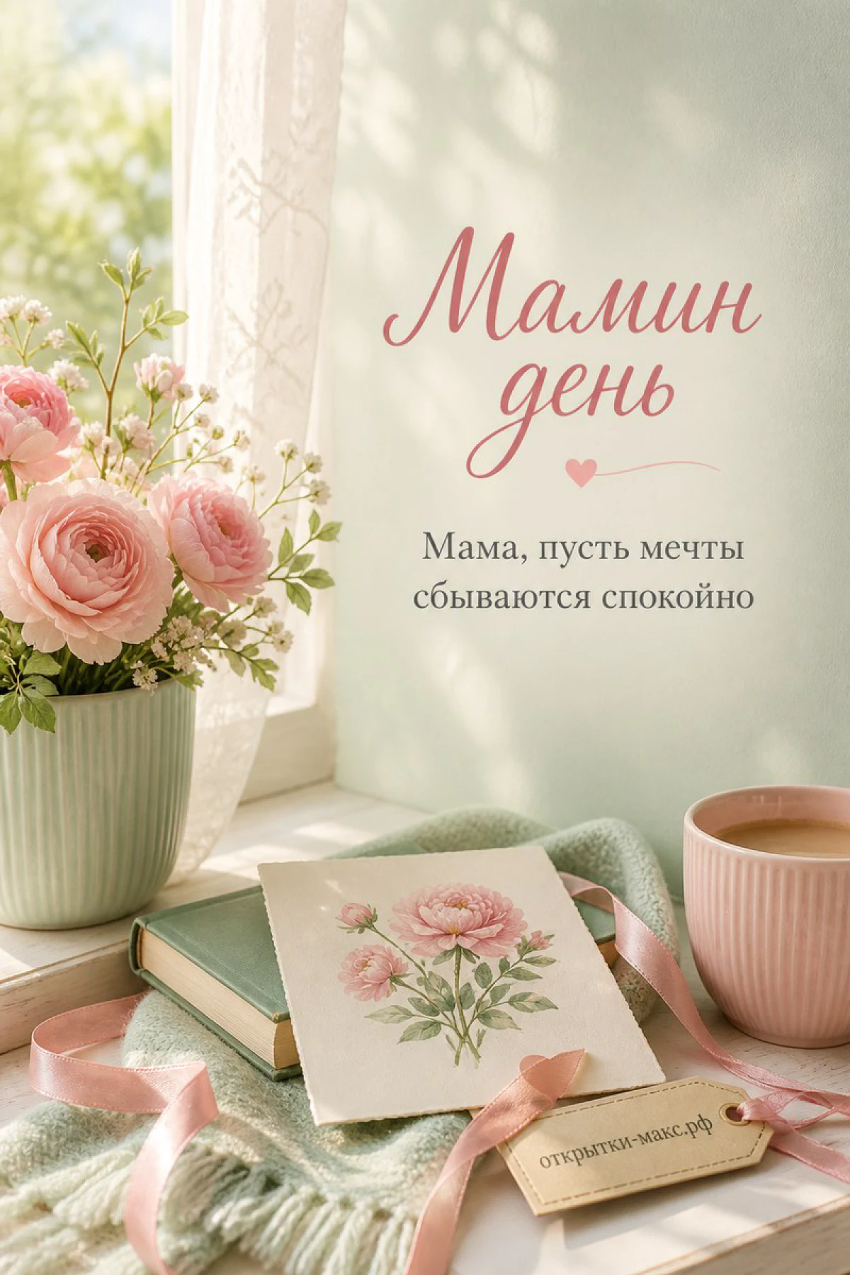 Розовые пионы в горшке, книга с открыткой и розовая чашка чая на солнечном подоконнике