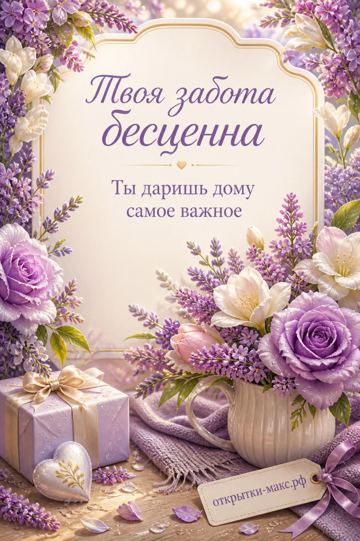 Ваза с лавандовыми розами и белыми тюльпанами, фиолетовая подарочная коробка и сиреневый фон