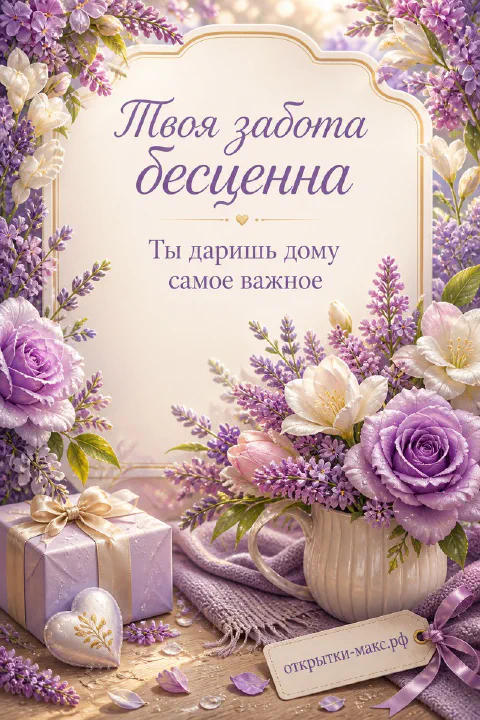 Ваза с лавандовыми розами и белыми тюльпанами, фиолетовая подарочная коробка и сиреневый фон