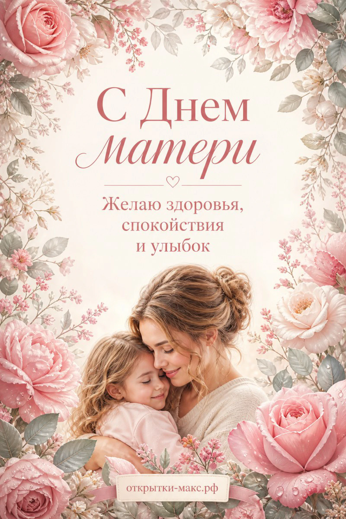 Мама обнимает дочку на фоне розовых роз и листьев — открытка с Днём матери