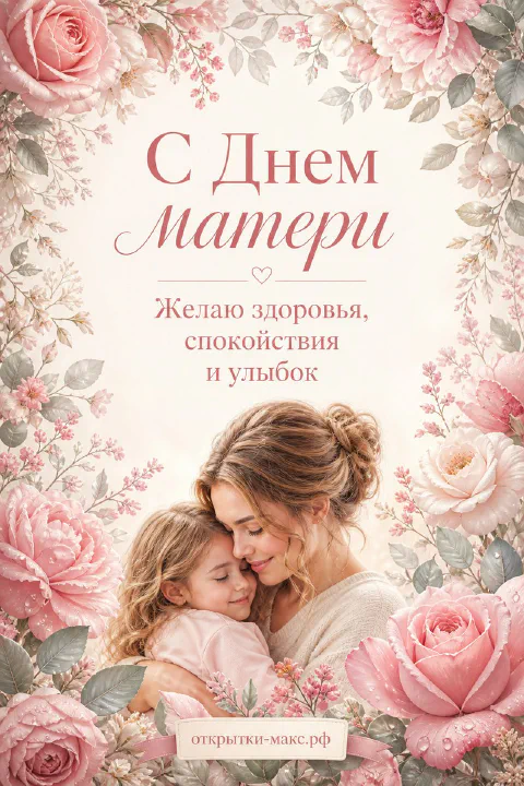 Мама обнимает дочку на фоне розовых роз и листьев — открытка с Днём матери