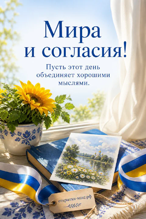 Открытка 4 ноября с жёлтым подсолнухом в синей вазе, книгой с голубой лентой и открыткой с русским пейзажем у окна