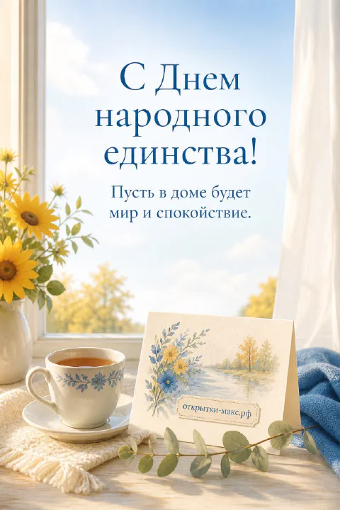 Чашка чая на плетёной подставке у окна с подсолнухами и осенним пейзажем за стеклом