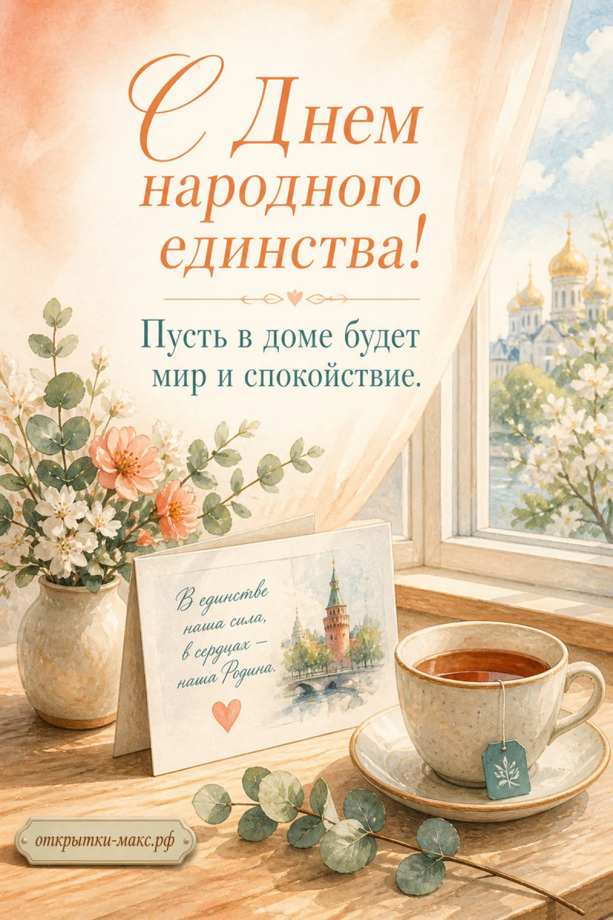 Акварельная открытка 4 ноября с чашкой чая, цветами и видом на башню кремля за окном