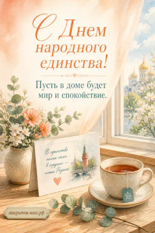 Акварельная открытка 4 ноября с чашкой чая, цветами и видом на башню кремля за окном