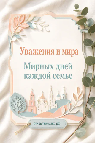 Открытка с бумажным православным храмом и куполами в пастельных тонах персикового и голубого цвета
