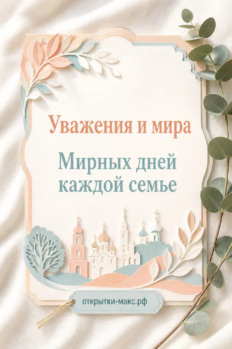 Открытка с бумажным православным храмом и куполами в пастельных тонах персикового и голубого цвета