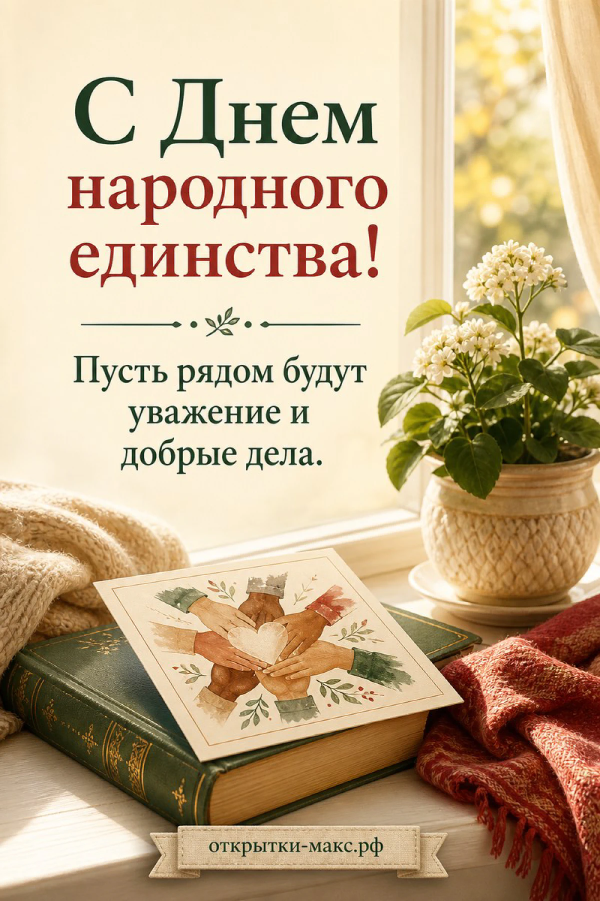 Книга с изображением соединённых рук на обложке, белые цветы в горшке и вязаный плед у осеннего окна