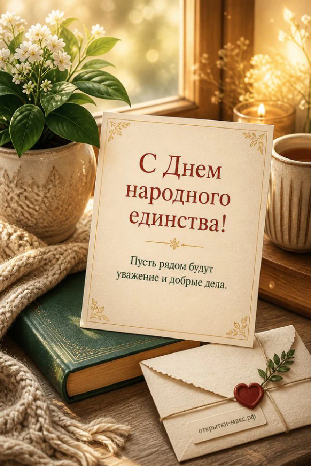 Книга с изображением соединённых рук на обложке, белые цветы в горшке и вязаный плед у осеннего окна — вариант 3