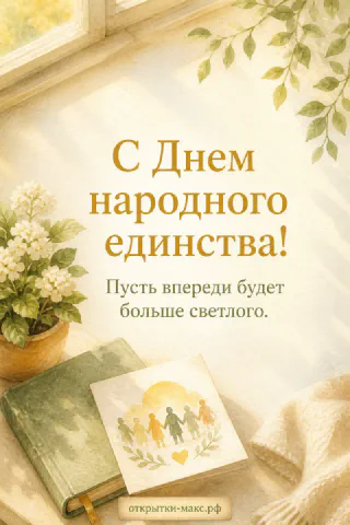 Акварельная открытка 4 ноября с силуэтами людей держащихся за руки, растениями и золотым светом у окна