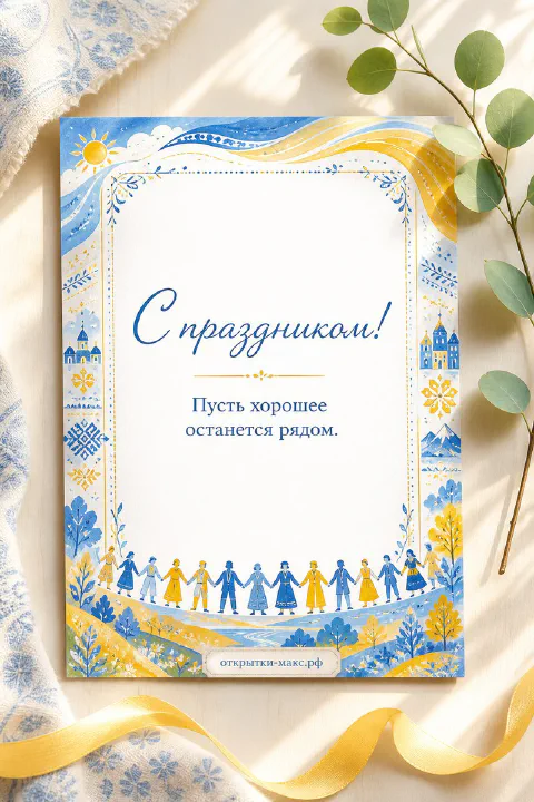 Открытка с Днём народного единства в народном стиле с синим и жёлтым орнаментом, людьми в хороводе и церквями