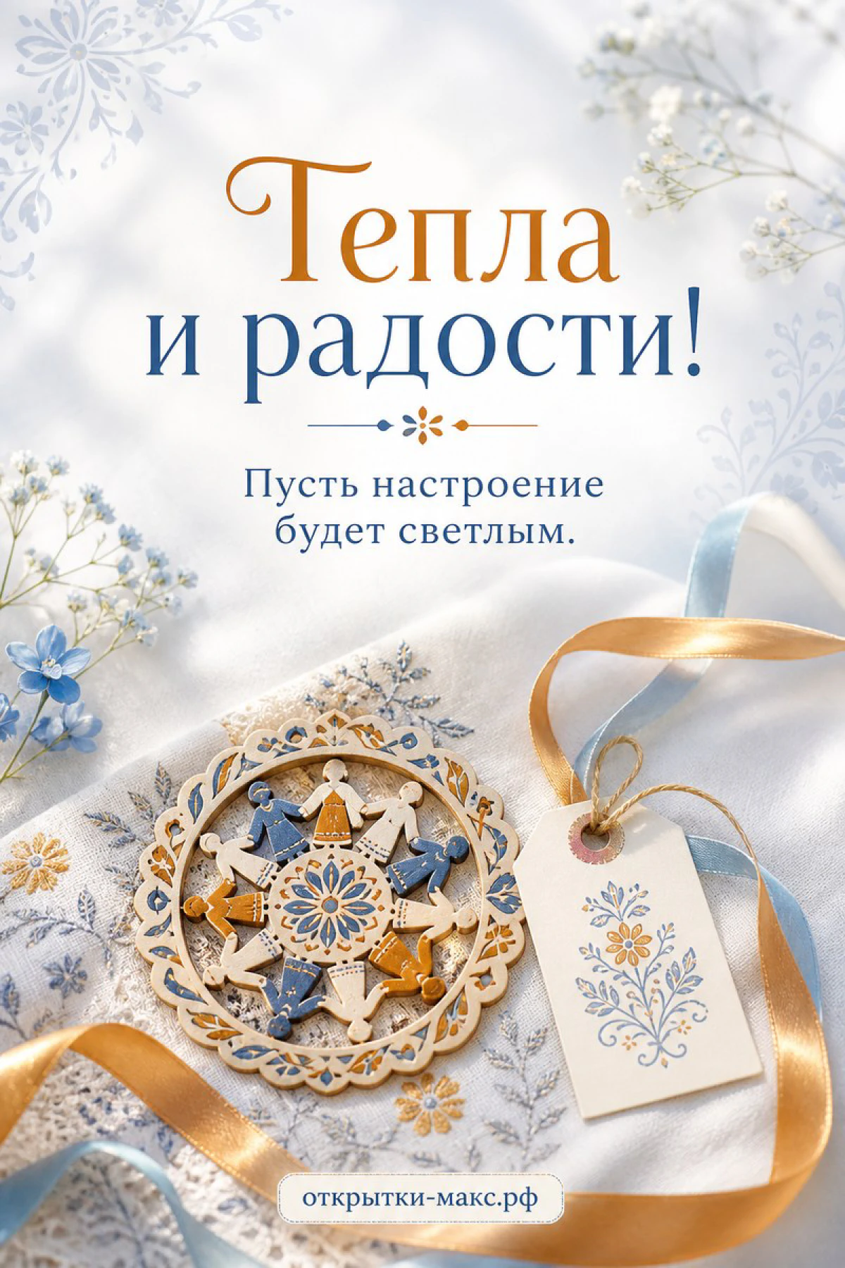 Открытка 4 ноября с деревянным оберегом, фигурками людей в хороводе, сухоцветами и голубой лентой на белом фоне