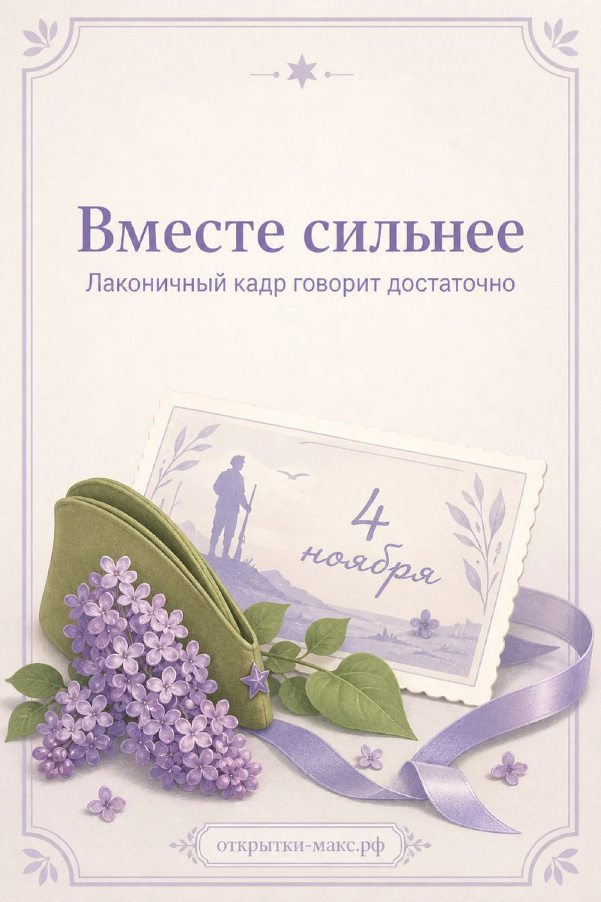 Открытка с Днём народного единства 4 ноября с букетом сирени, ретро-открыткой и лиловой лентой