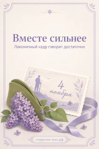 Открытка с Днём народного единства 4 ноября с букетом сирени, ретро-открыткой и лиловой лентой