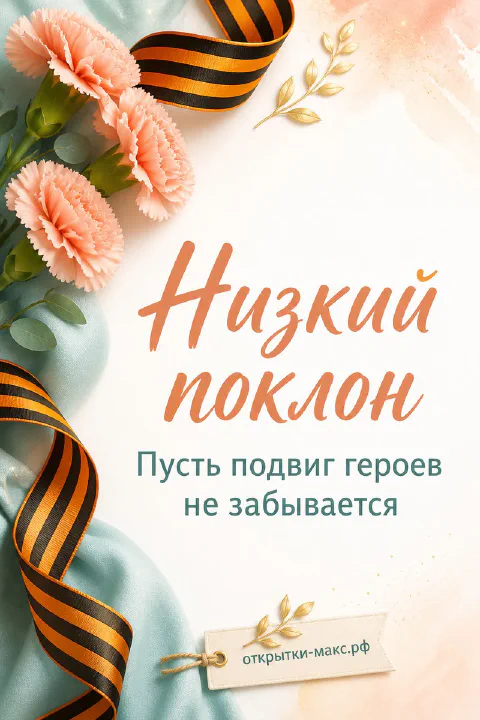 Розовые гвоздики и георгиевская лента на светлом фоне с надписью Низкий поклон