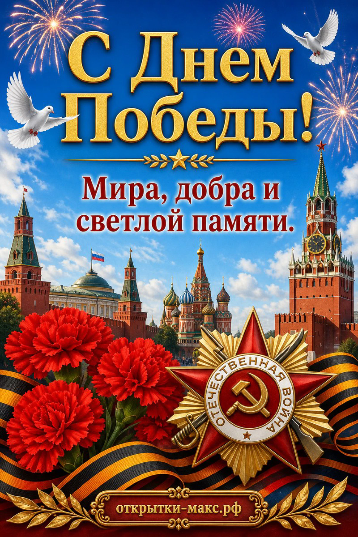 Открытка «С Днём Победы» с орденом Отечественной войны, красными гвоздиками, Кремлём и фейерверком