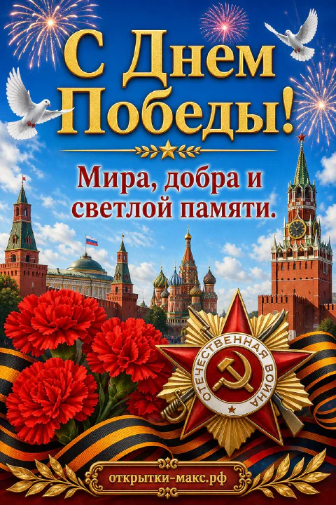Открытка «С Днём Победы» с орденом Отечественной войны, красными гвоздиками, Кремлём и фейерверком