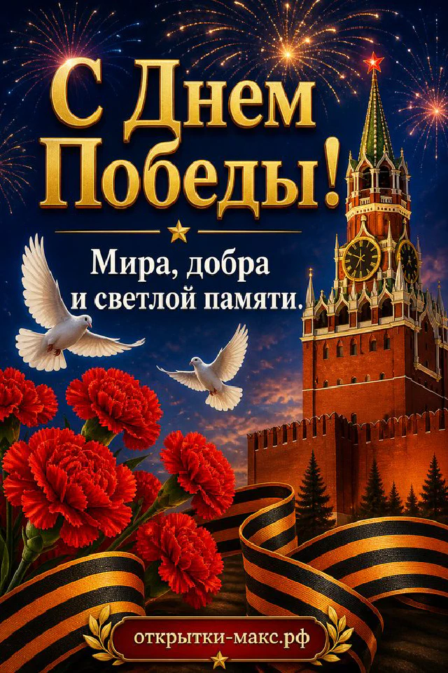 Открытка «С Днём Победы» с орденом Отечественной войны, красными гвоздиками, Кремлём и фейерверком — вариант 2